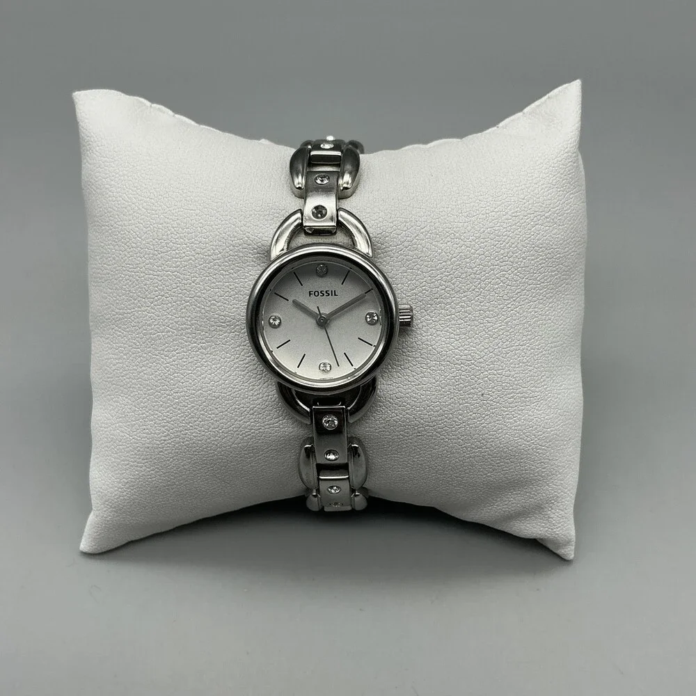 Fossil Women Watch 22mm Silver Tone Stainless Crystals ES-2561 New Battery 6.25
